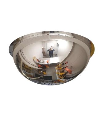 A Warrior Full Dome Mirror 180 Deg 100CM Dia WAR-FDM100-PM is standing in front of a full dome mirror in a room.