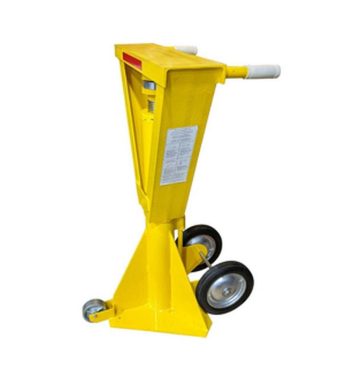A yellow jack with wheels on a white background, designed as a Warrior Trailer Support Stand 39.5-51 Inch Service Range 10000 Lbs Static Capacity WAR-TSJ-017.